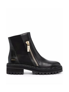 Liu Jo Black Leather Lug-Sole Ankle Boot with Gold Zip